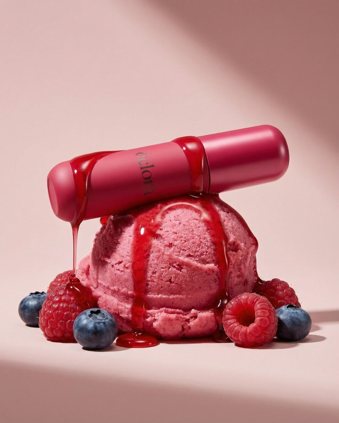 Untitled The tube is resting on a scoop of berry ice cream with syrup.