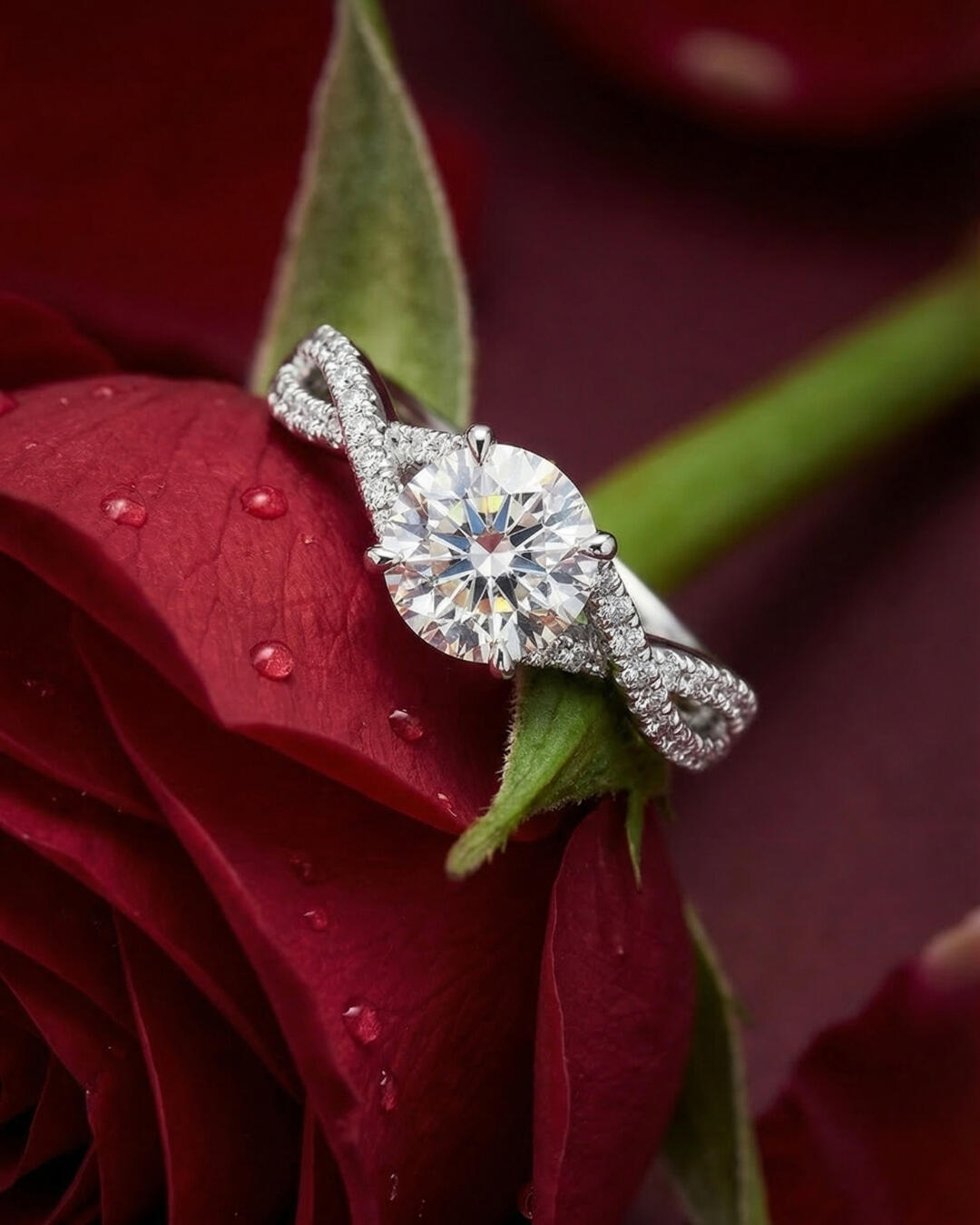 Untitled Macro jewelry e-commerce photography concept, featuring a detailed image of a silver twisted-band diamond engagement ring styled inside a dew-covered red rose.