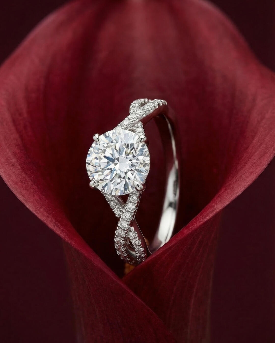 Untitled Macro jewellery e-commerce photography concept, featuring a detailed image of a silver twisted-band diamond engagement ring styled inside a dew-covered dark maroon calla lily.