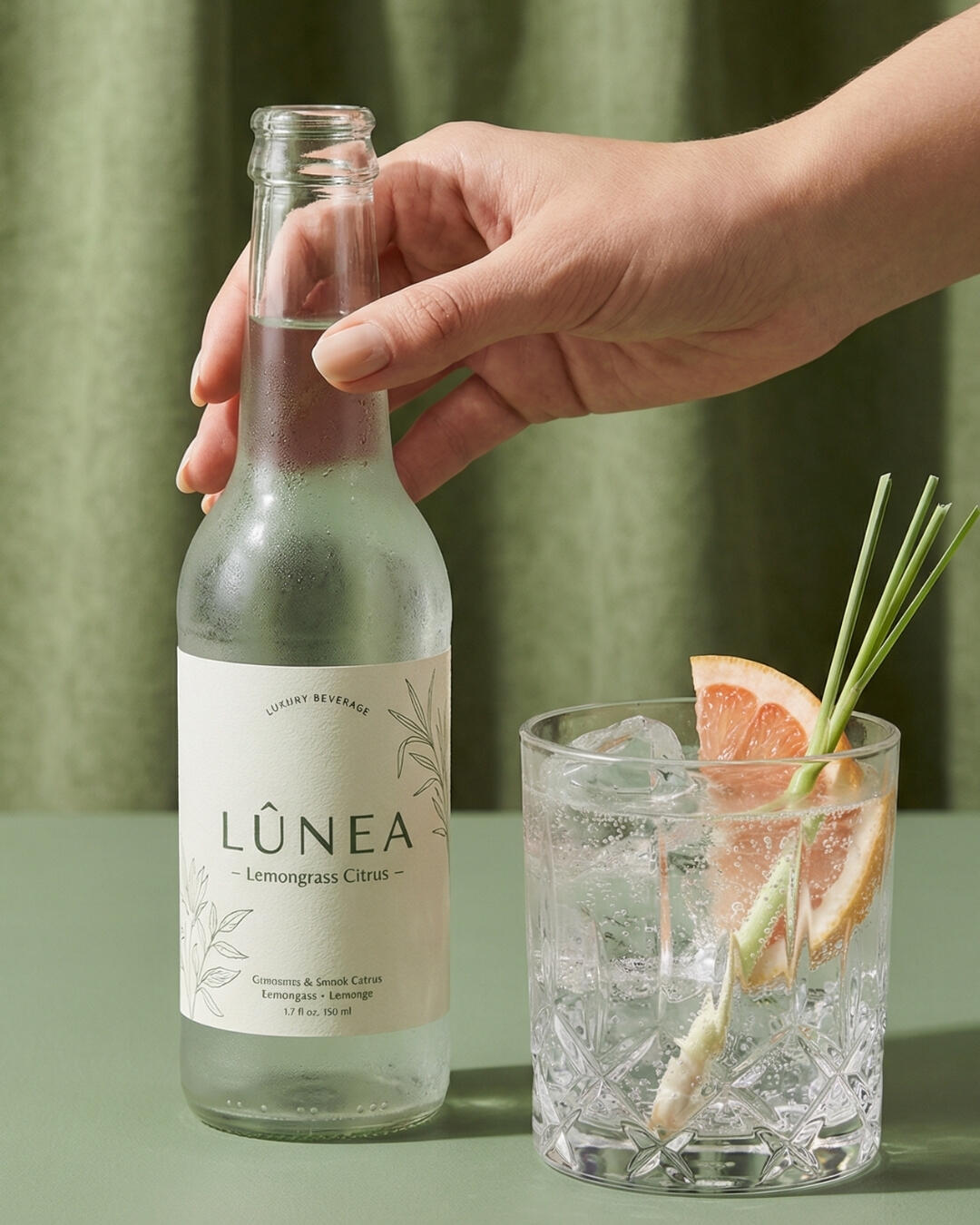 Untitled Conceptual CPG drink brand packaging lookbook, showing a diptych layout of a citrus lemongrass soda bottle with a fresh cocktail glass.
