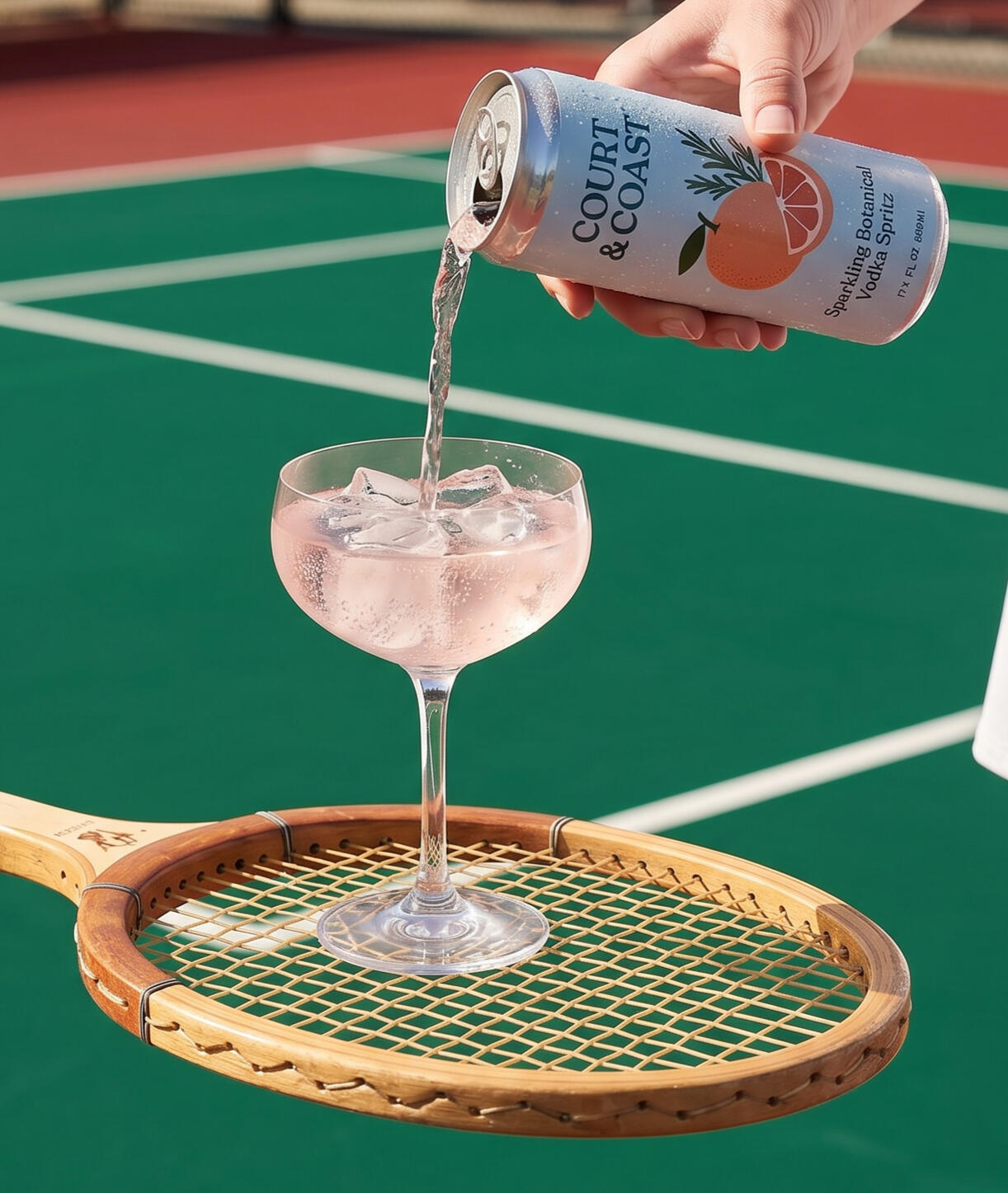 Untitled Creative beverage brand design and product photography mockup, featuring a botanical vodka spritz can being poured on a tennis court next to a vintage wooden racket.