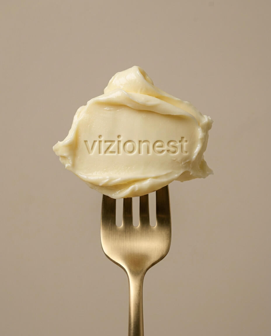 Untitled Conceptual food styling and branding photography by Vizionest, featuring the agency name sculpted in artisanal butter on a gold fork.