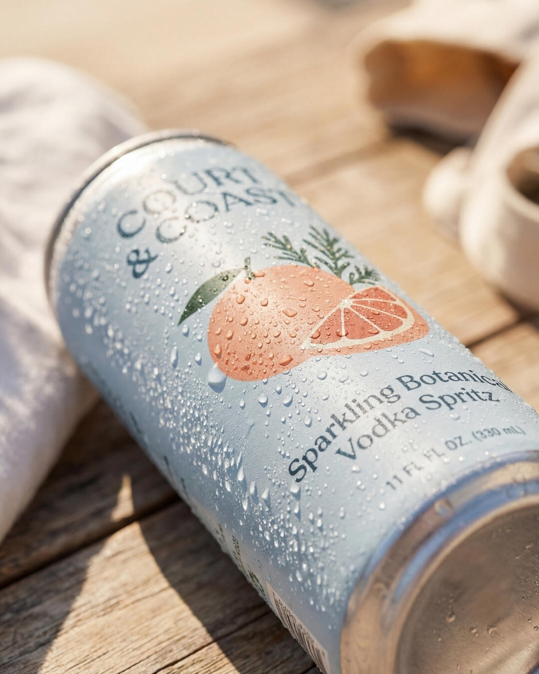 Untitled Extreme close-up product macro shot of a cold, condensation-covered aluminum can design on a weathered wooden background, showcasing beverage packaging texture.