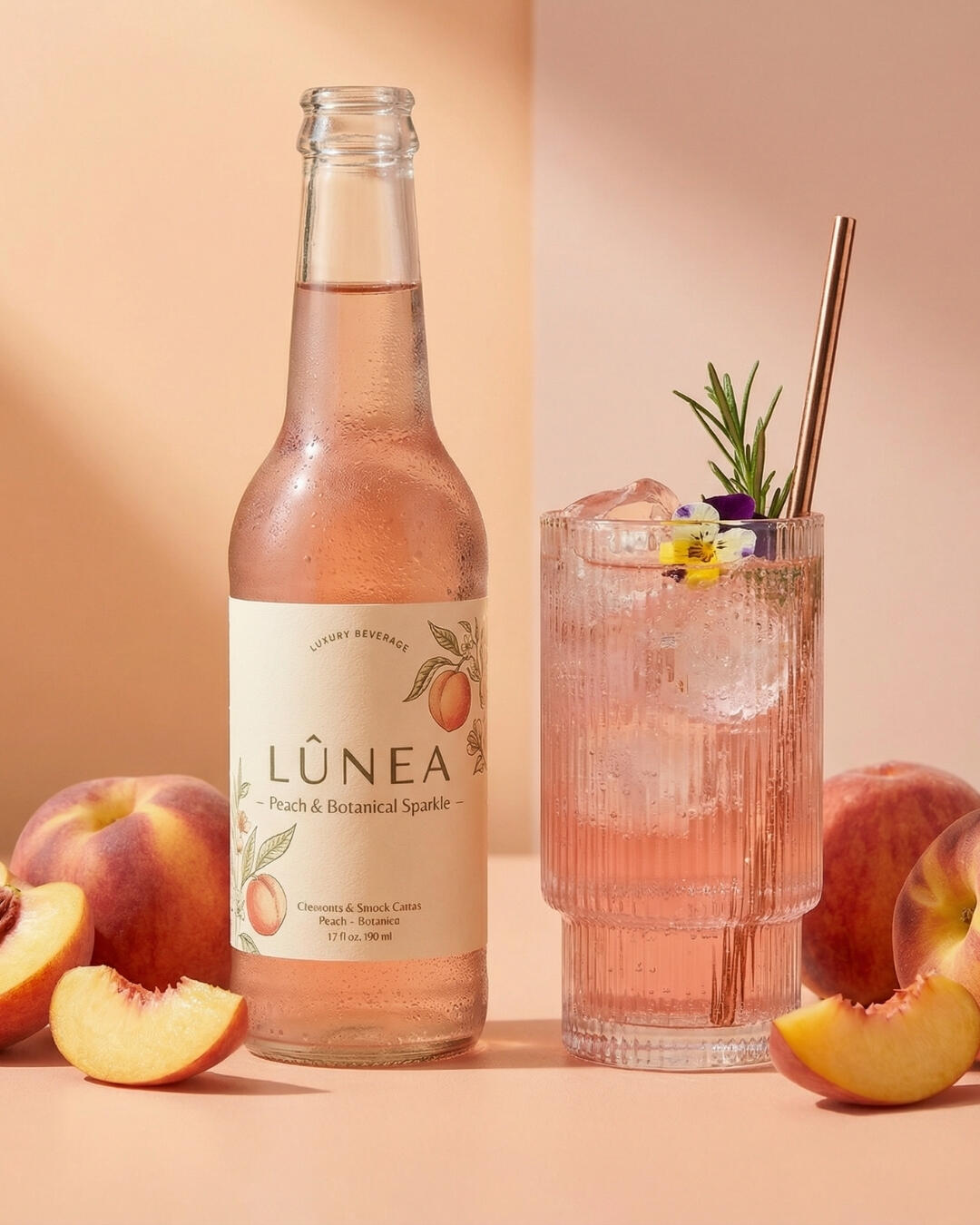Untitled Conceptual CPG drink brand packaging lookbook, showing a diptych layout of a peach botanical sparkling water bottle with fresh peach slices.