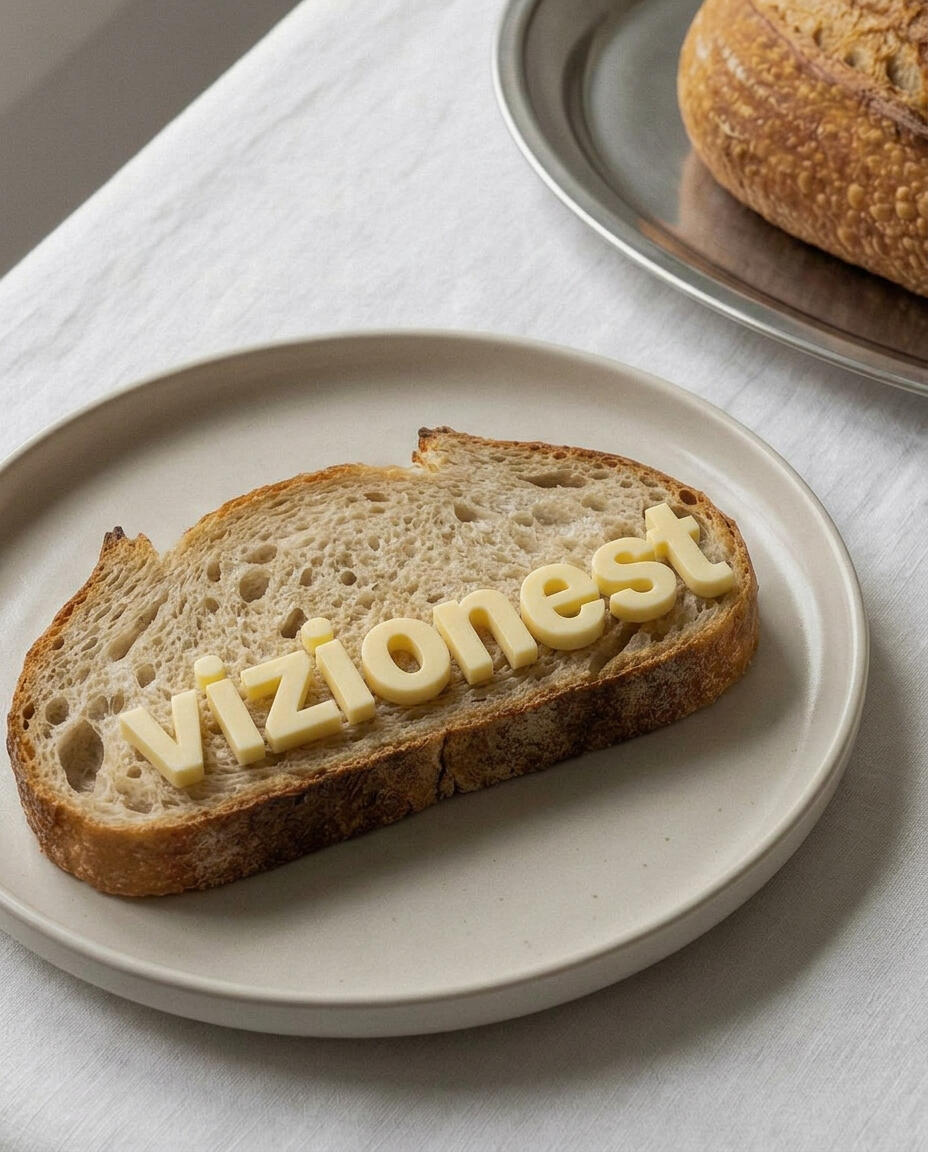 Untitled Conceptual food styling and branding photography by Vizionest, featuring the agency name sculpted in artisanal butter on an organic sourdough bread slice.