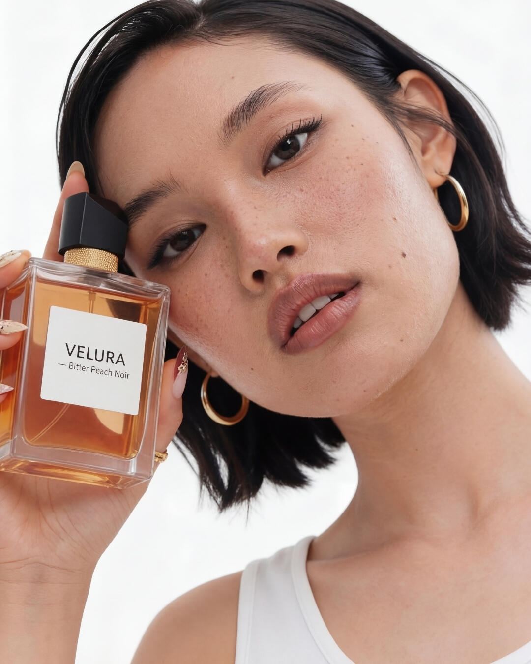 Untitled inimalist beauty and commercial fragrance mockup photography, close-up portrait of an East Asian model with gold hoop earrings.
