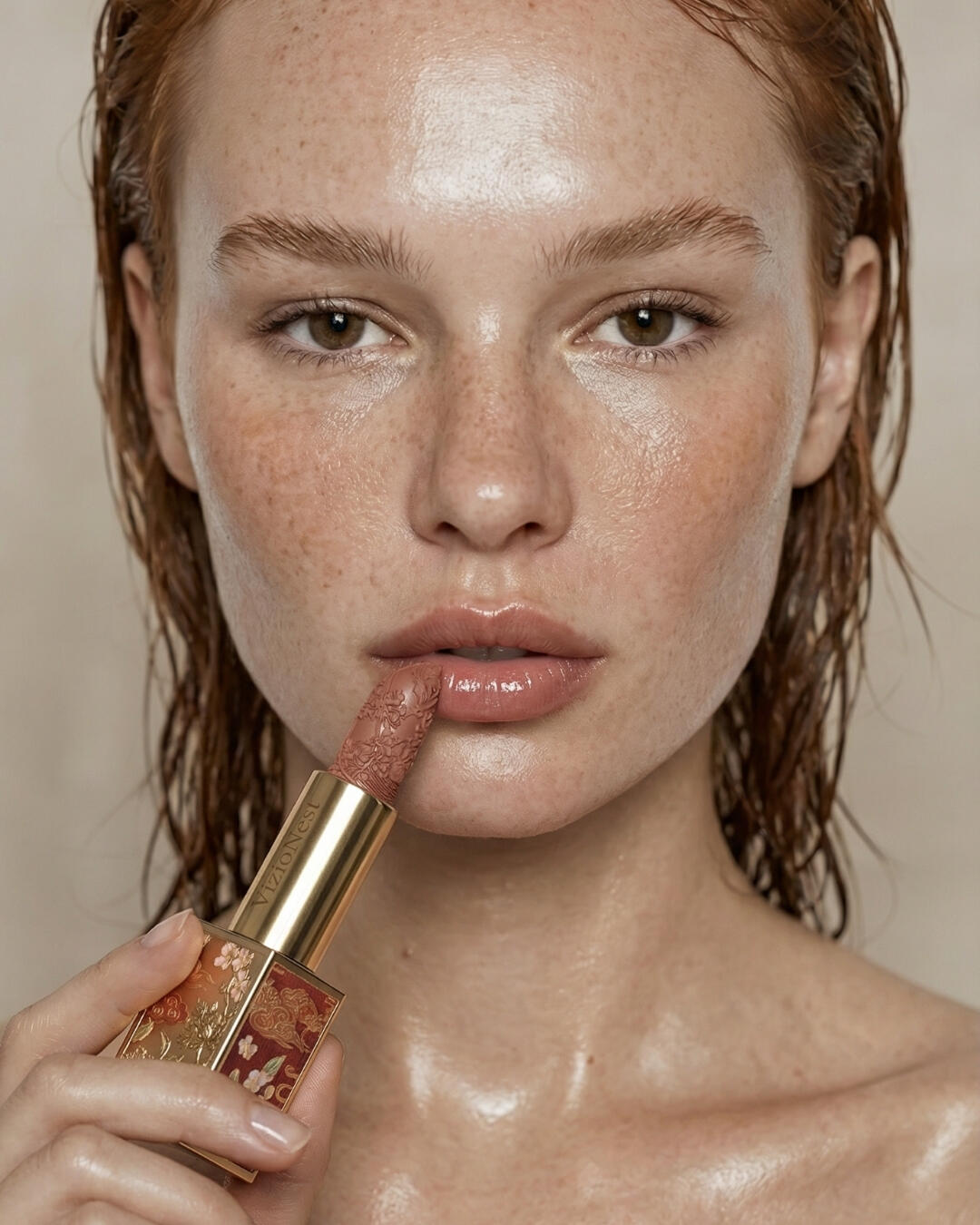 Untitled Editorial beauty campaign photography showcasing a close-up of a freckled model applying a luxury embossed lipstick custom-branded with the Vizionest logo.