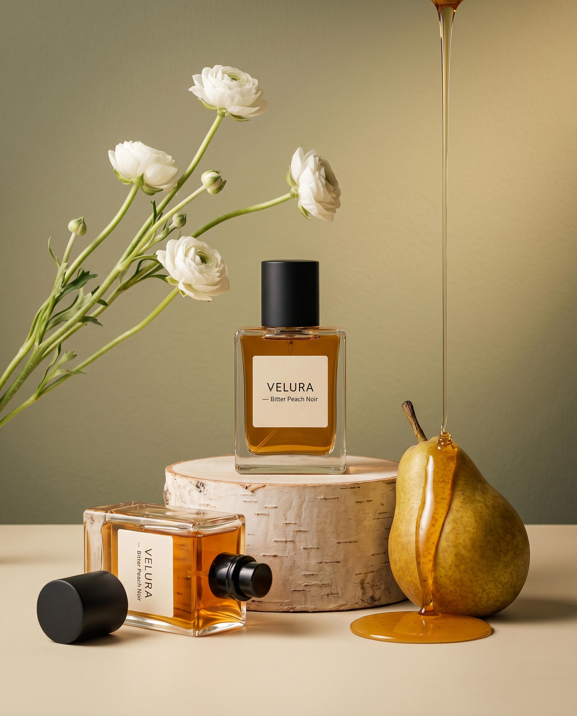 Concept commercial product photography for a luxury perfume, featuring a glass bottle styled on a birch block with fresh pears, honey, and white flowers.